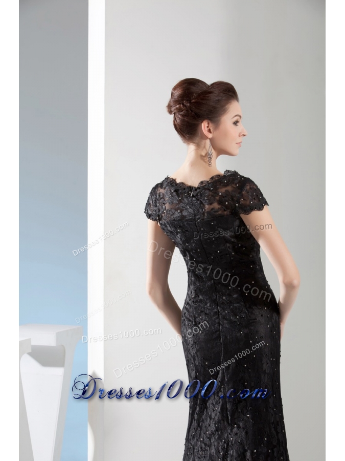 V-neck Beaded Black Lace Column Prom Dress with Brush Train