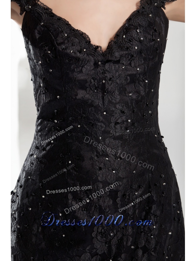 V-neck Beaded Black Lace Column Prom Dress with Brush Train