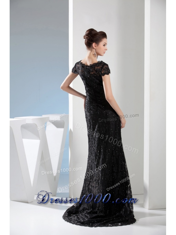 V-neck Beaded Black Lace Column Prom Dress with Brush Train