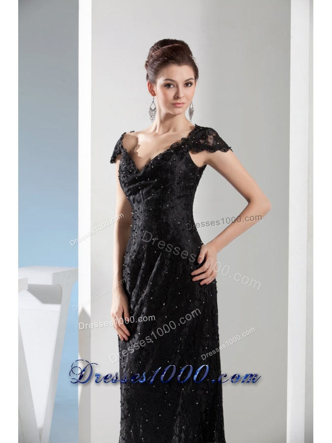 V-neck Beaded Black Lace Column Prom Dress with Brush Train