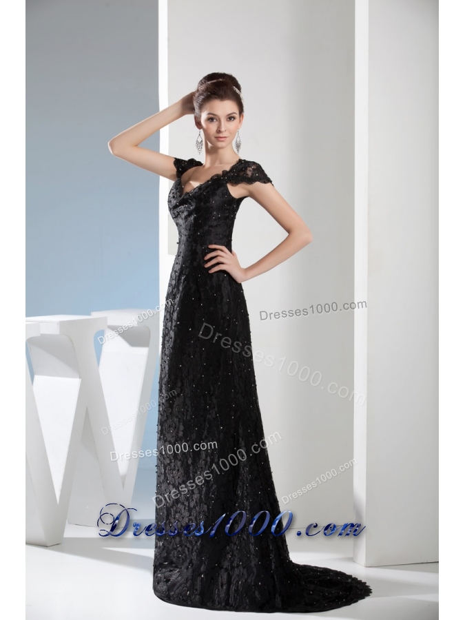 V-neck Beaded Black Lace Column Prom Dress with Brush Train