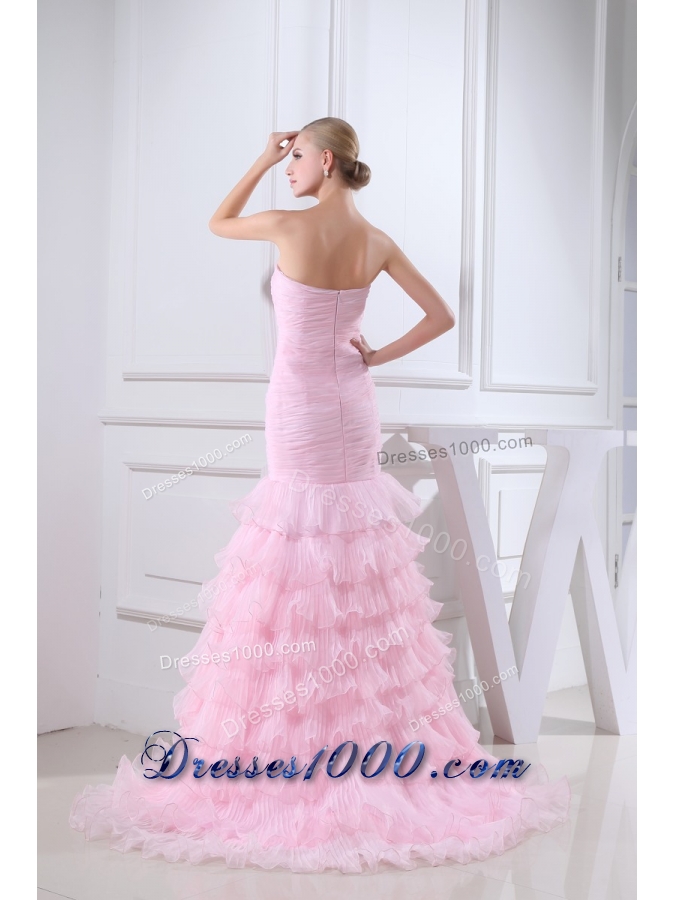 Baby Pink Brush Train Sweetheart Beaded Prom Dress with Ruffle