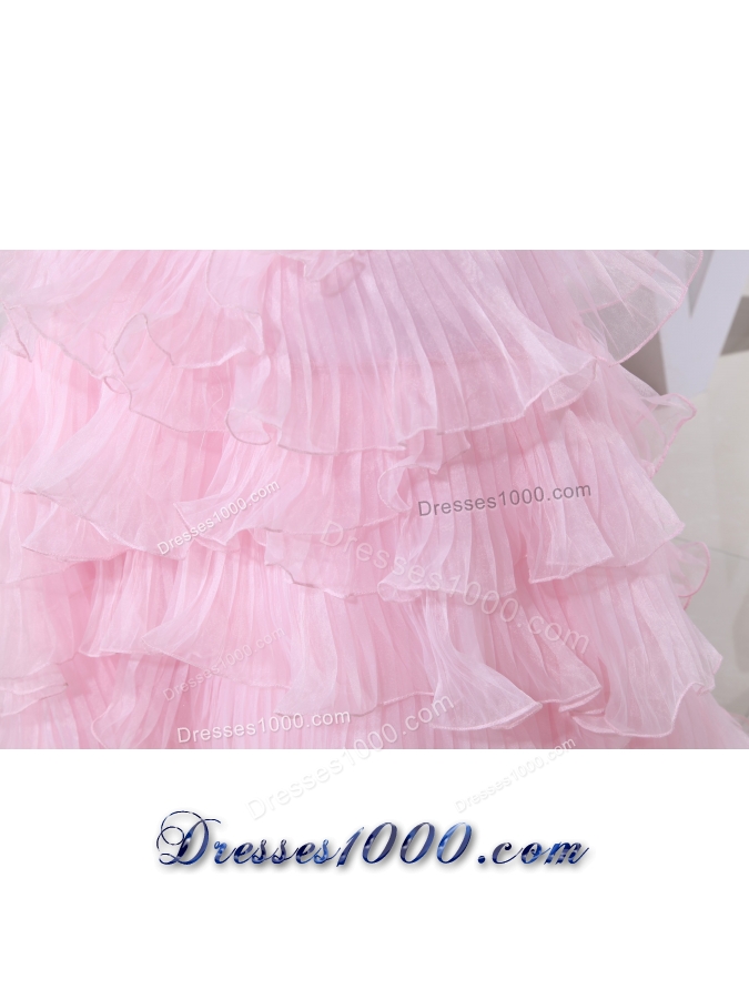 Baby Pink Brush Train Sweetheart Beaded Prom Dress with Ruffle