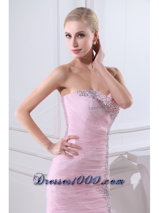Baby Pink Brush Train Sweetheart Beaded Prom Dress with Ruffle