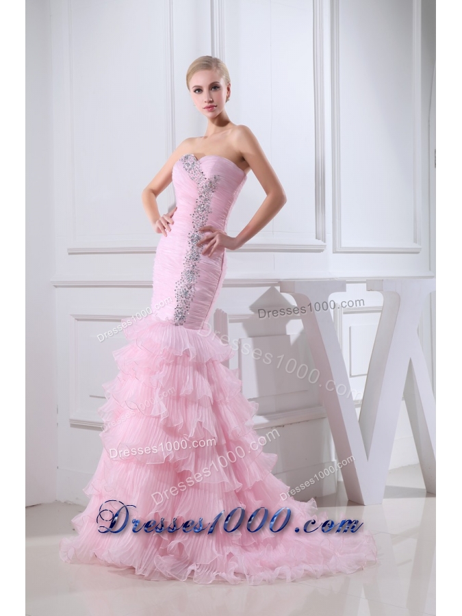 Baby Pink Brush Train Sweetheart Beaded Prom Dress with Ruffle