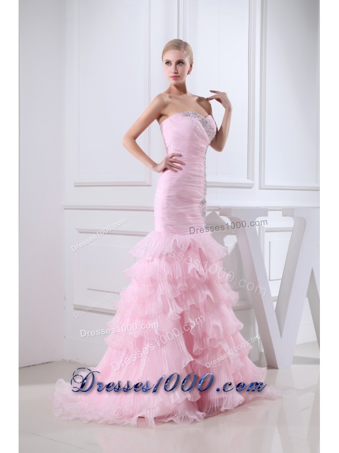 Baby Pink Brush Train Sweetheart Beaded Prom Dress with Ruffle