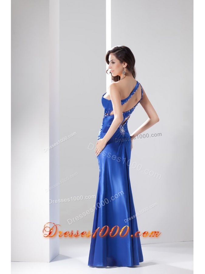 Beading Cool Back One Shoulder Prom Dress in Blue with Cutouts