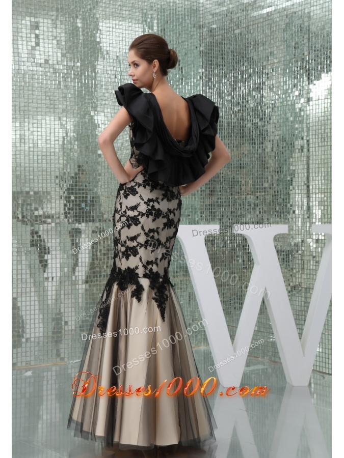 Black and Champagne Long Prom Dress with Appliques