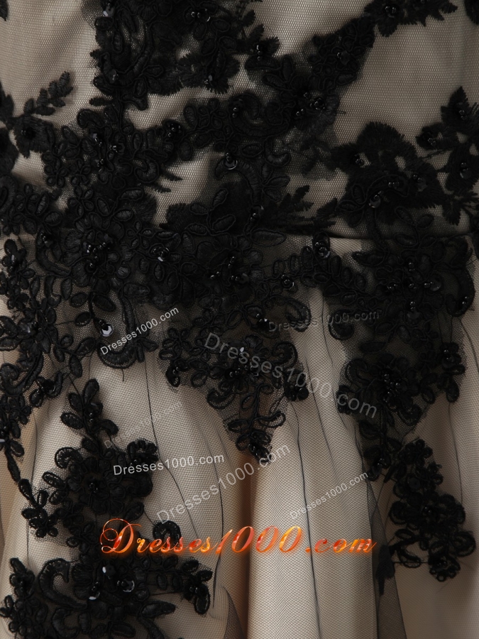 Black and Champagne Long Prom Dress with Appliques