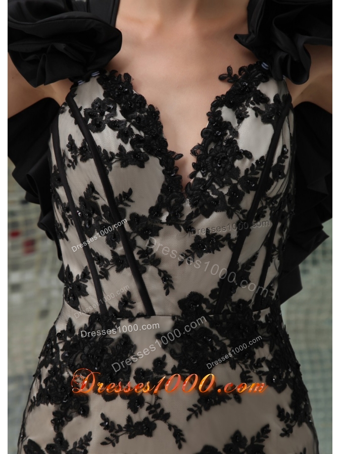 Black and Champagne Long Prom Dress with Appliques