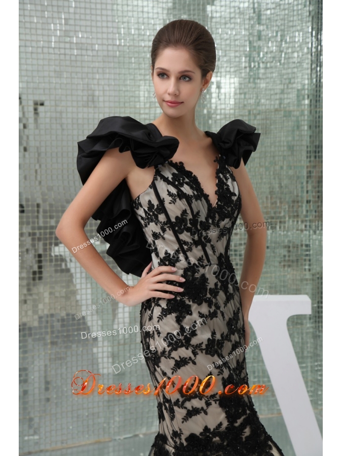 Black and Champagne Long Prom Dress with Appliques