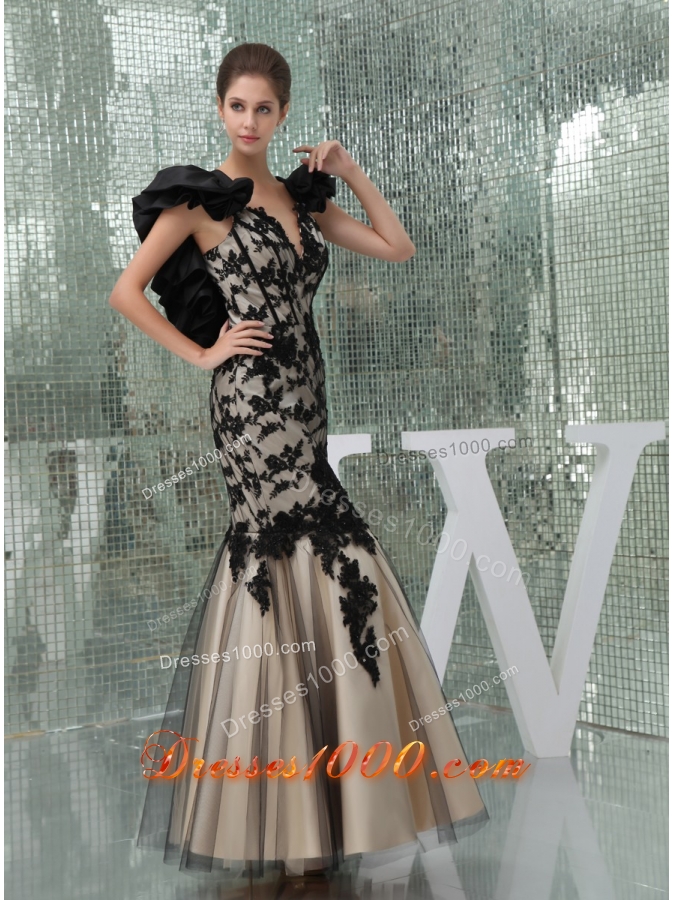 Black and Champagne Long Prom Dress with Appliques