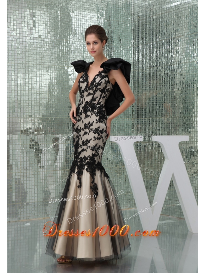 Black and Champagne Long Prom Dress with Appliques