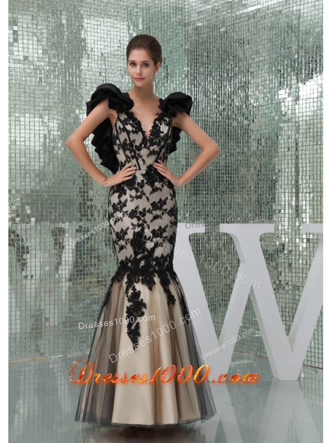 Black and Champagne Long Prom Dress with Appliques