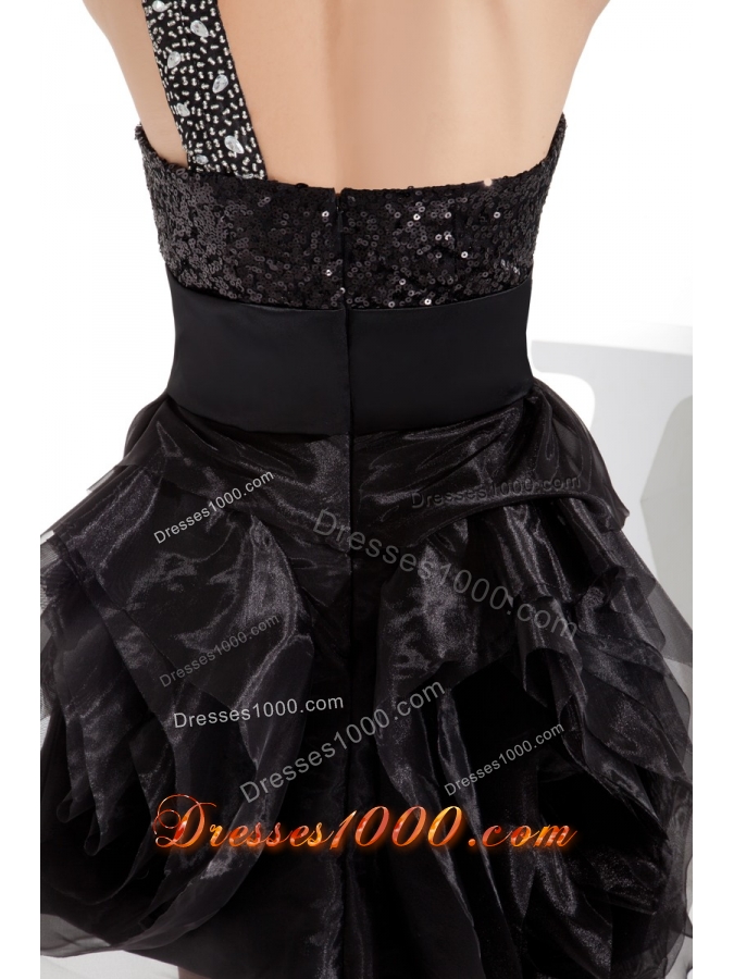 Black One Shoulder Beaded Ruffles Short Prom Dress