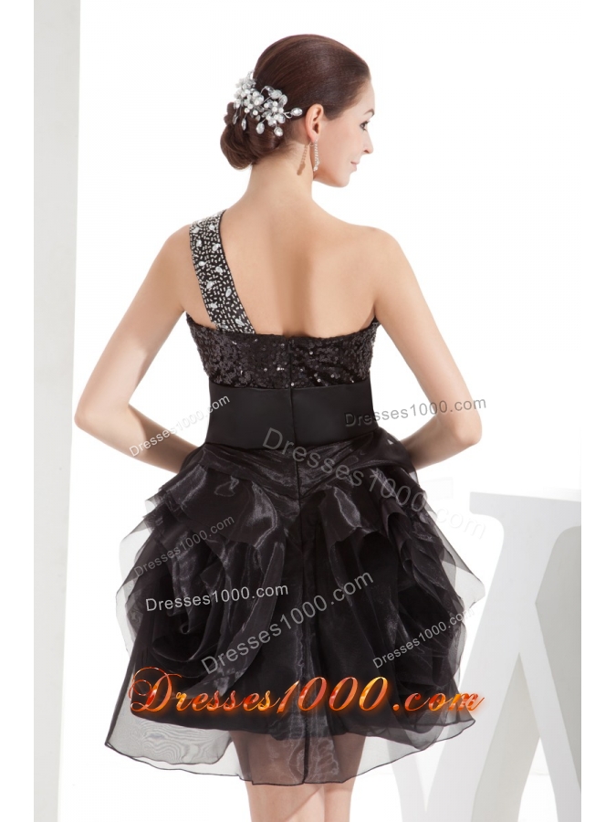 Black One Shoulder Beaded Ruffles Short Prom Dress