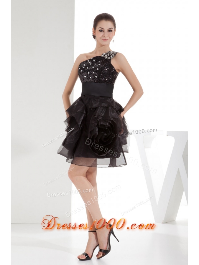 Black One Shoulder Beaded Ruffles Short Prom Dress