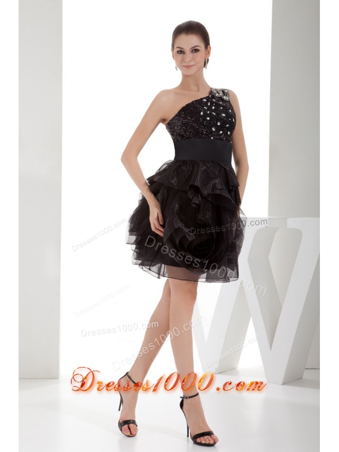 Black One Shoulder Beaded Ruffles Short Prom Dress