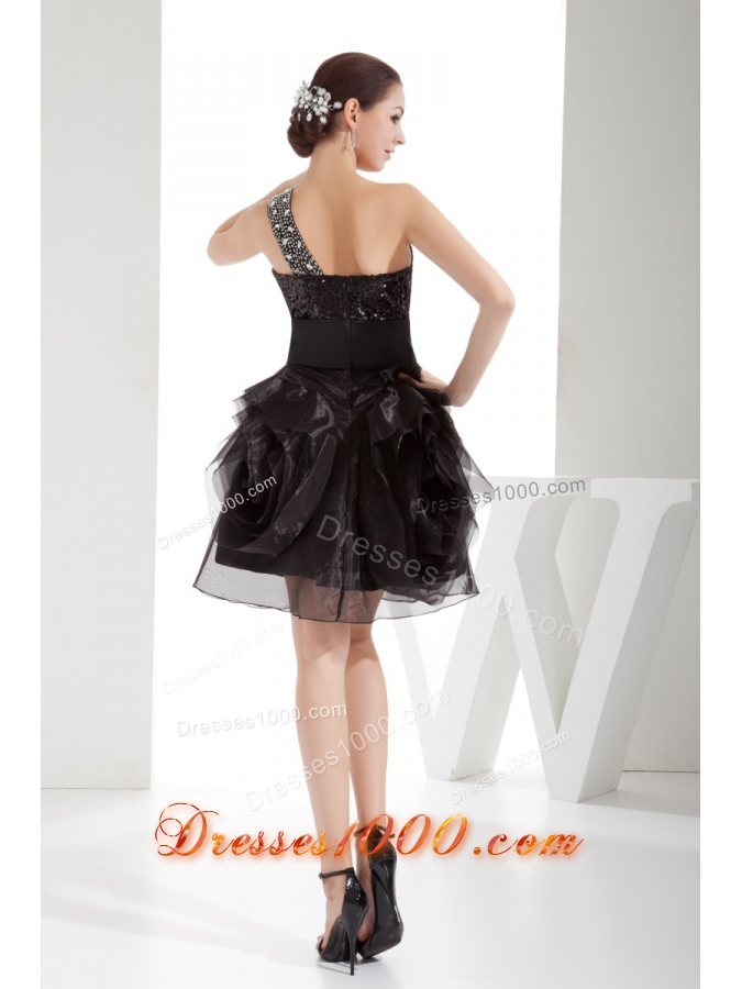 Black One Shoulder Beaded Ruffles Short Prom Dress