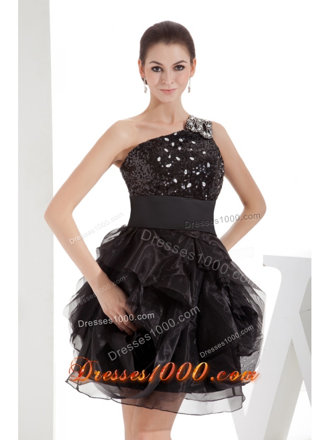 Black One Shoulder Beaded Ruffles Short Prom Dress