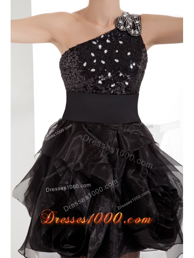 Black One Shoulder Beaded Ruffles Short Prom Dress