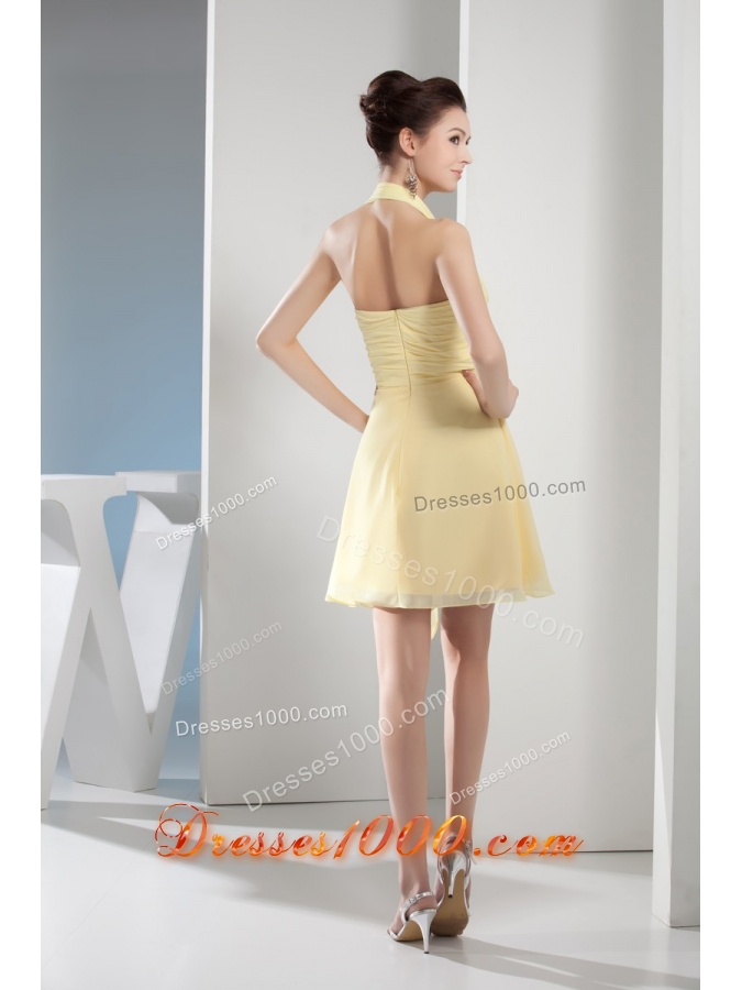 Halter Top Mini-length Light Yellow Prom Gown with Lovely Bowknot