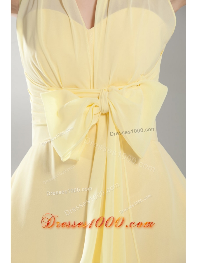 Halter Top Mini-length Light Yellow Prom Gown with Lovely Bowknot