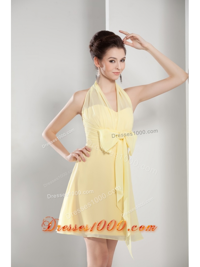 Halter Top Mini-length Light Yellow Prom Gown with Lovely Bowknot