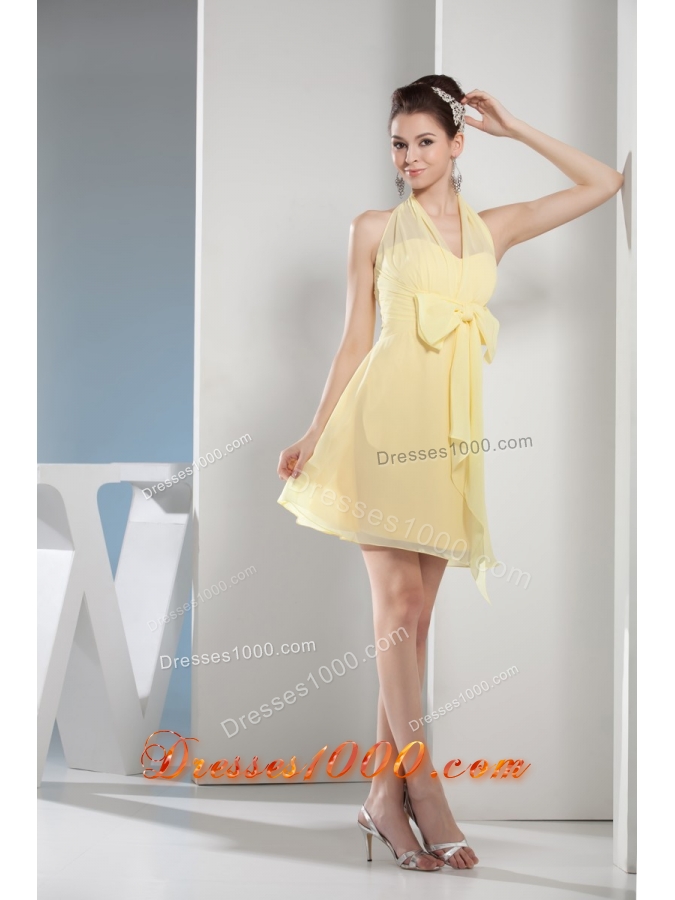 Halter Top Mini-length Light Yellow Prom Gown with Lovely Bowknot