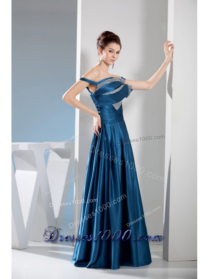 Off-the-shoulder Floor-length Prom Gown Dress Ruched Beaded