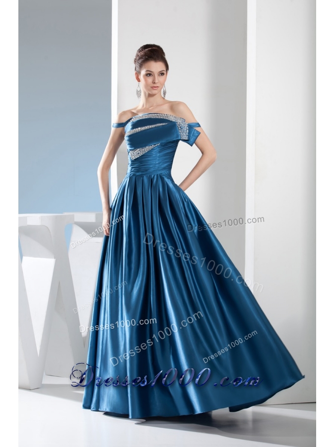 Off-the-shoulder Floor-length Prom Gown Dress Ruched Beaded
