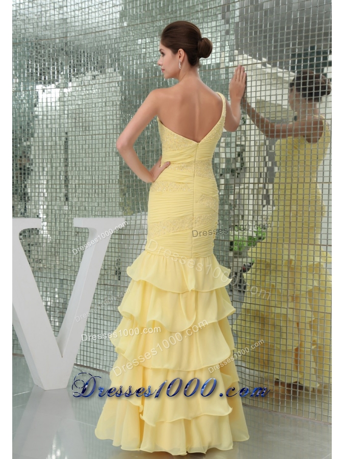One Shoulder Ruffle-layers Ankle-length Prom Dress in Yellow