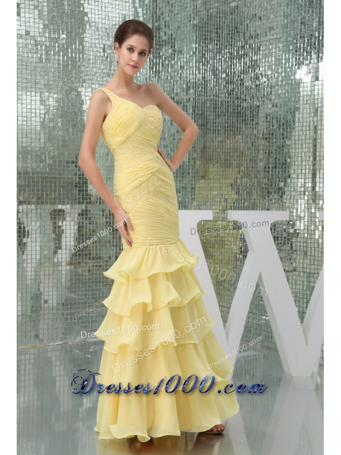 One Shoulder Ruffle-layers Ankle-length Prom Dress in Yellow