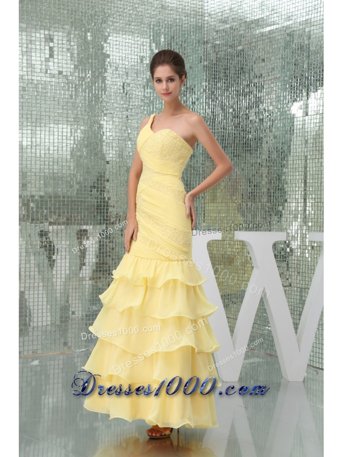 One Shoulder Ruffle-layers Ankle-length Prom Dress in Yellow