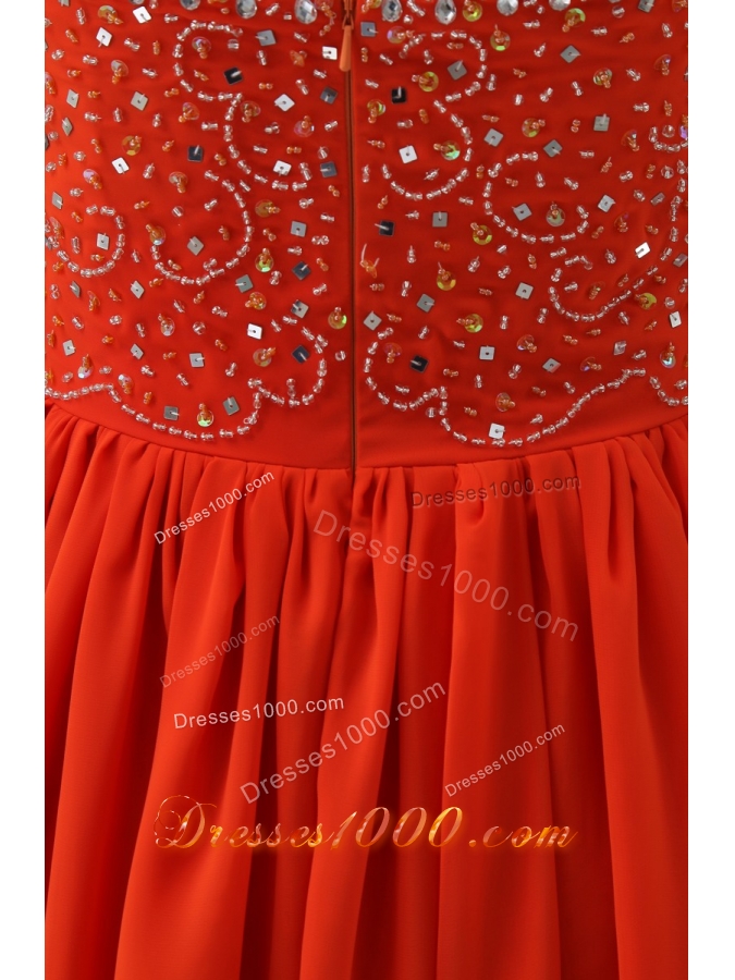 Sweetheart Beaded Floor-length Chiffon Coral Red Prom Dress