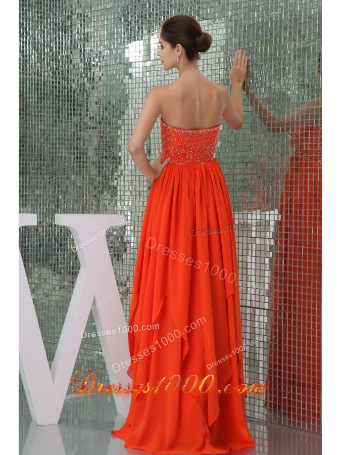 Sweetheart Beaded Floor-length Chiffon Coral Red Prom Dress
