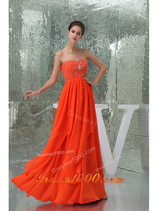 Sweetheart Beaded Floor-length Chiffon Coral Red Prom Dress