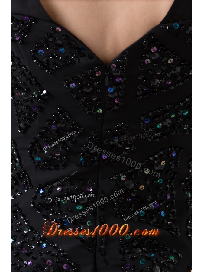 V-neck Mini-length Black Prom Dress with Beading and Paillette