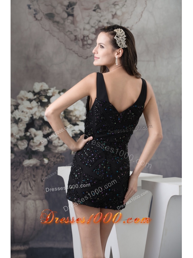V-neck Mini-length Black Prom Dress with Beading and Paillette