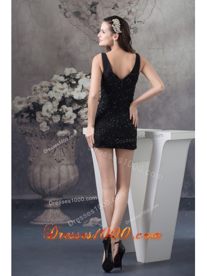 V-neck Mini-length Black Prom Dress with Beading and Paillette