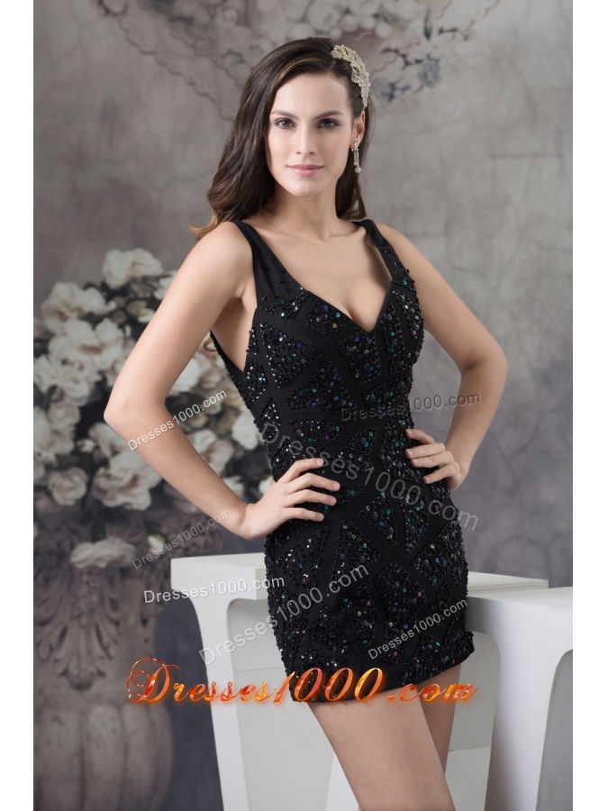 V-neck Mini-length Black Prom Dress with Beading and Paillette