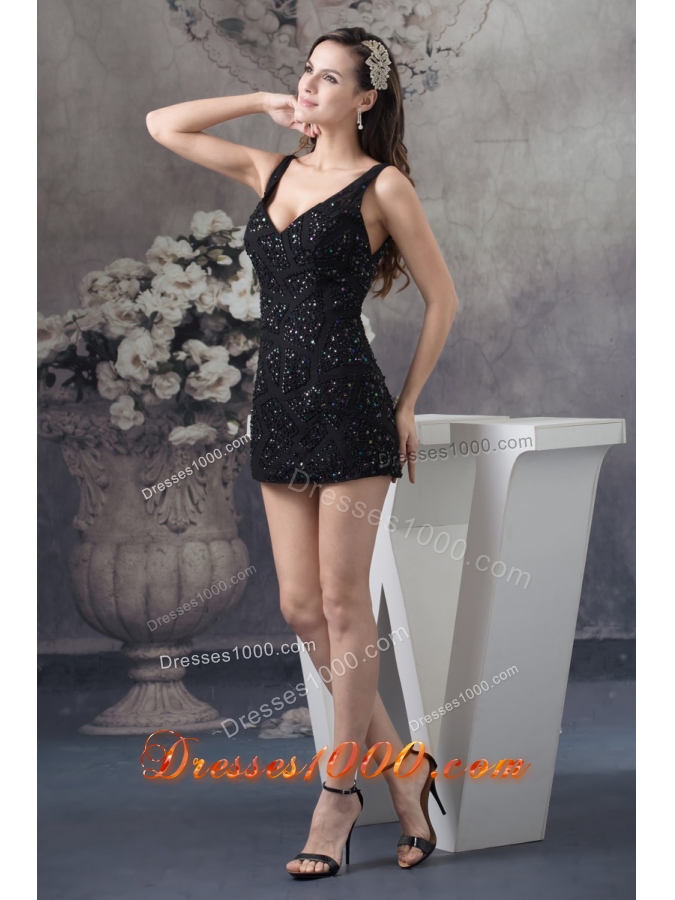 V-neck Mini-length Black Prom Dress with Beading and Paillette