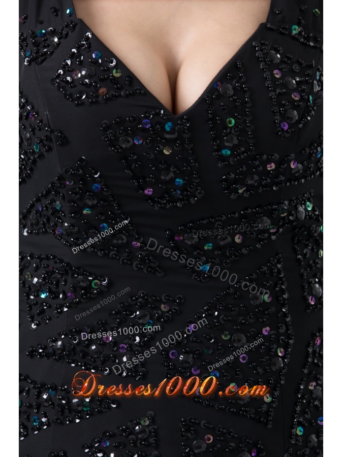 V-neck Mini-length Black Prom Dress with Beading and Paillette