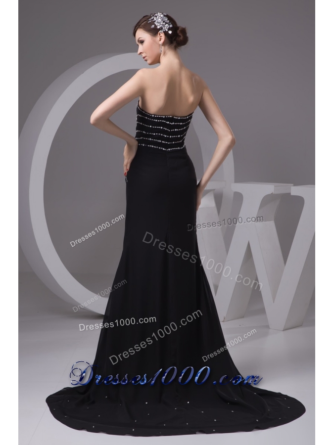 Beading and High Slit Decorated Sheath Black Brush Train Prom Gown