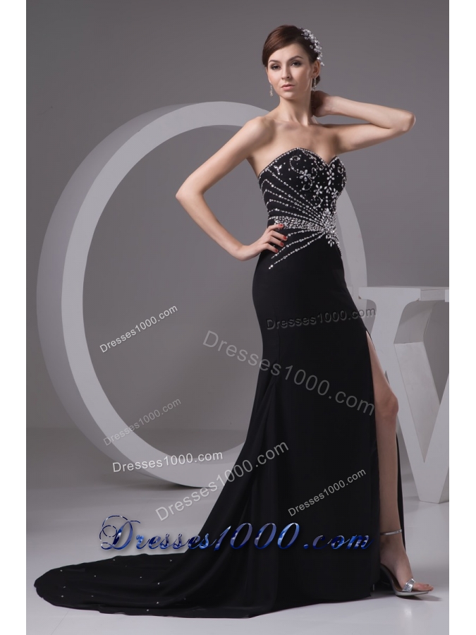 Beading and High Slit Decorated Sheath Black Brush Train Prom Gown