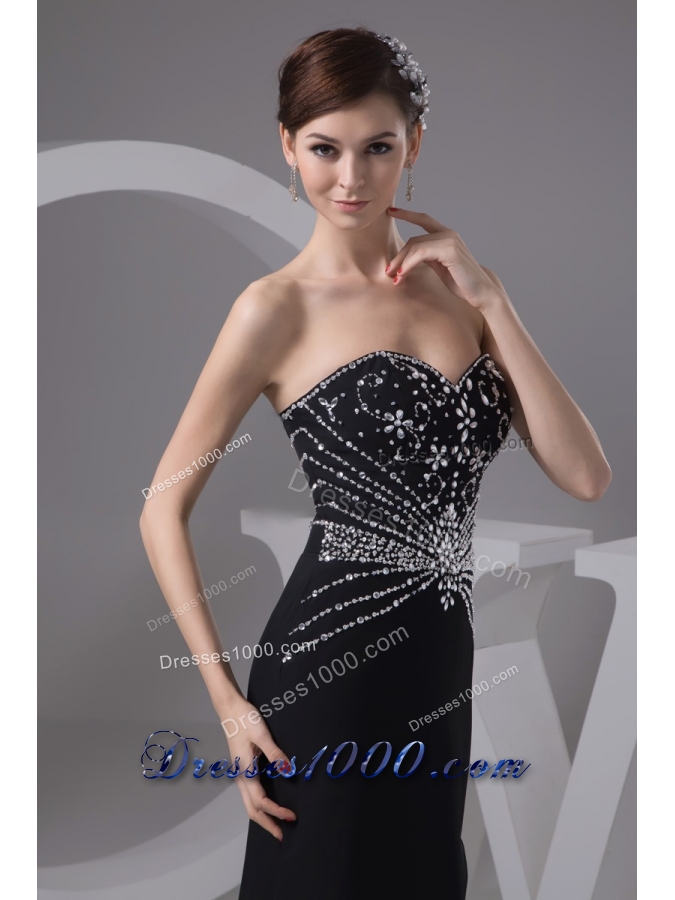 Beading and High Slit Decorated Sheath Black Brush Train Prom Gown