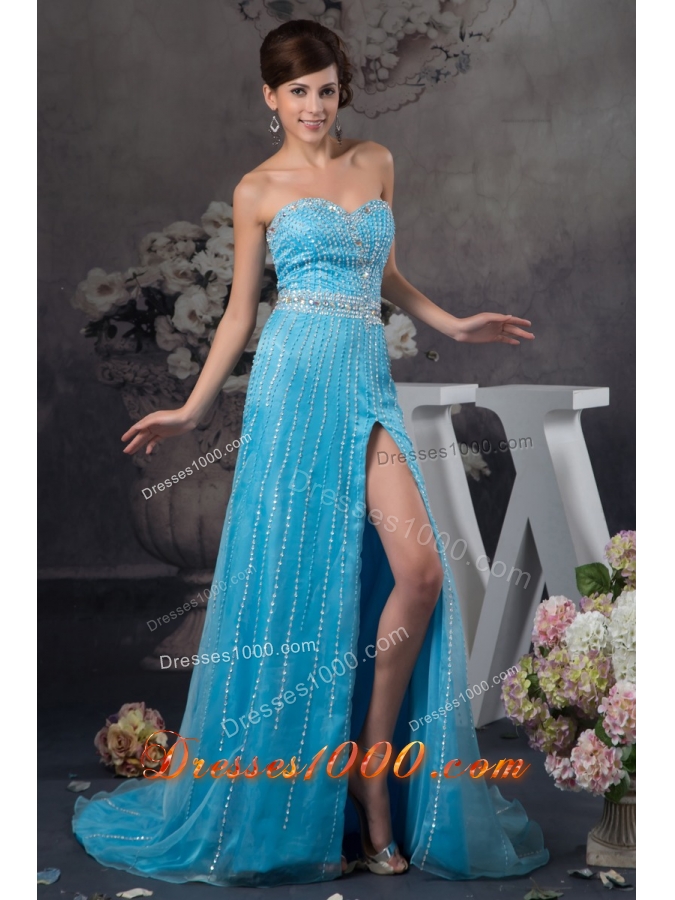 Popular Beaded Aqua Blue Brush Train Prom Dresses with High Slit