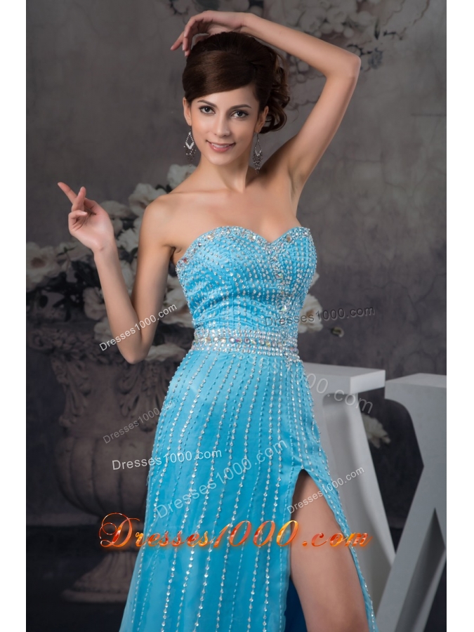 Popular Beaded Aqua Blue Brush Train Prom Dresses with High Slit