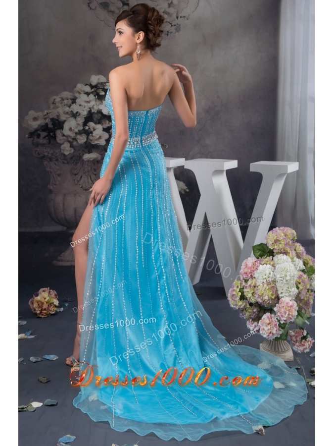 Popular Beaded Aqua Blue Brush Train Prom Dresses with High Slit