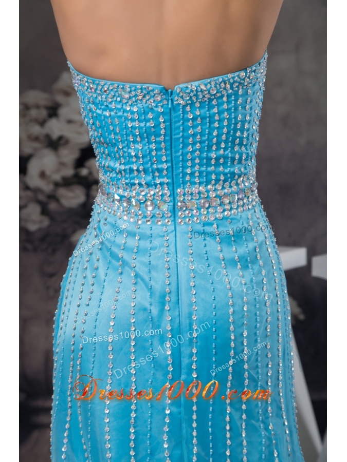Popular Beaded Aqua Blue Brush Train Prom Dresses with High Slit